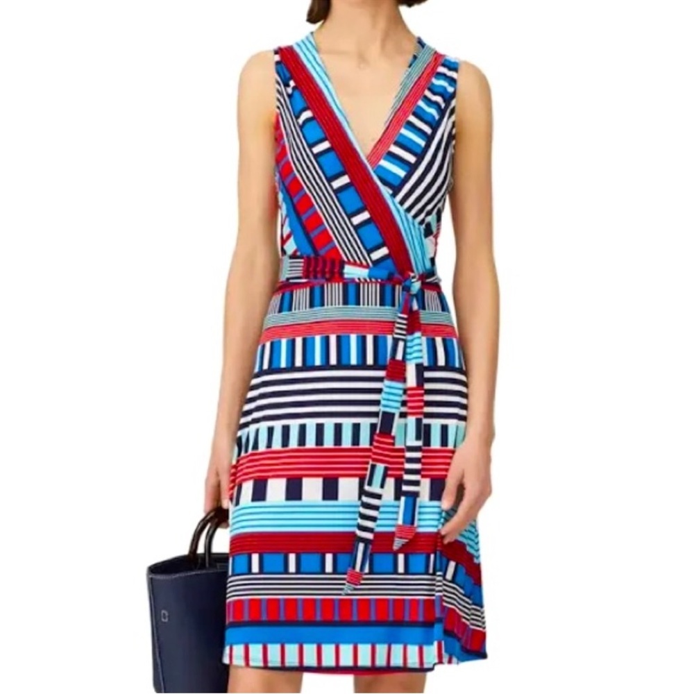 Leota Multicolor Striped Wrap Midi Dress - Red, Blue, White